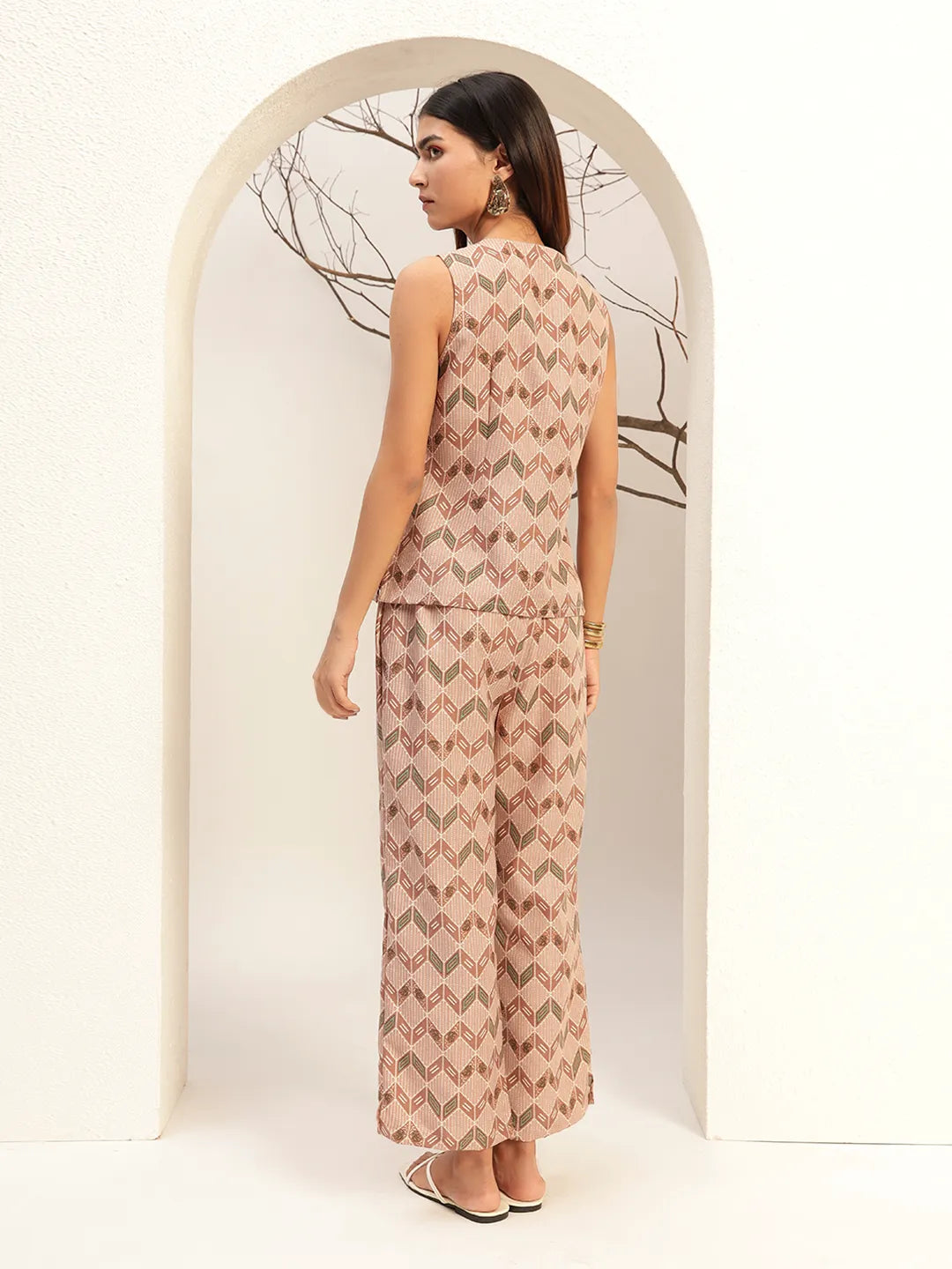 Printed with V-Neck Causal Tunic & Trouser With Waistcoat Co-Ords